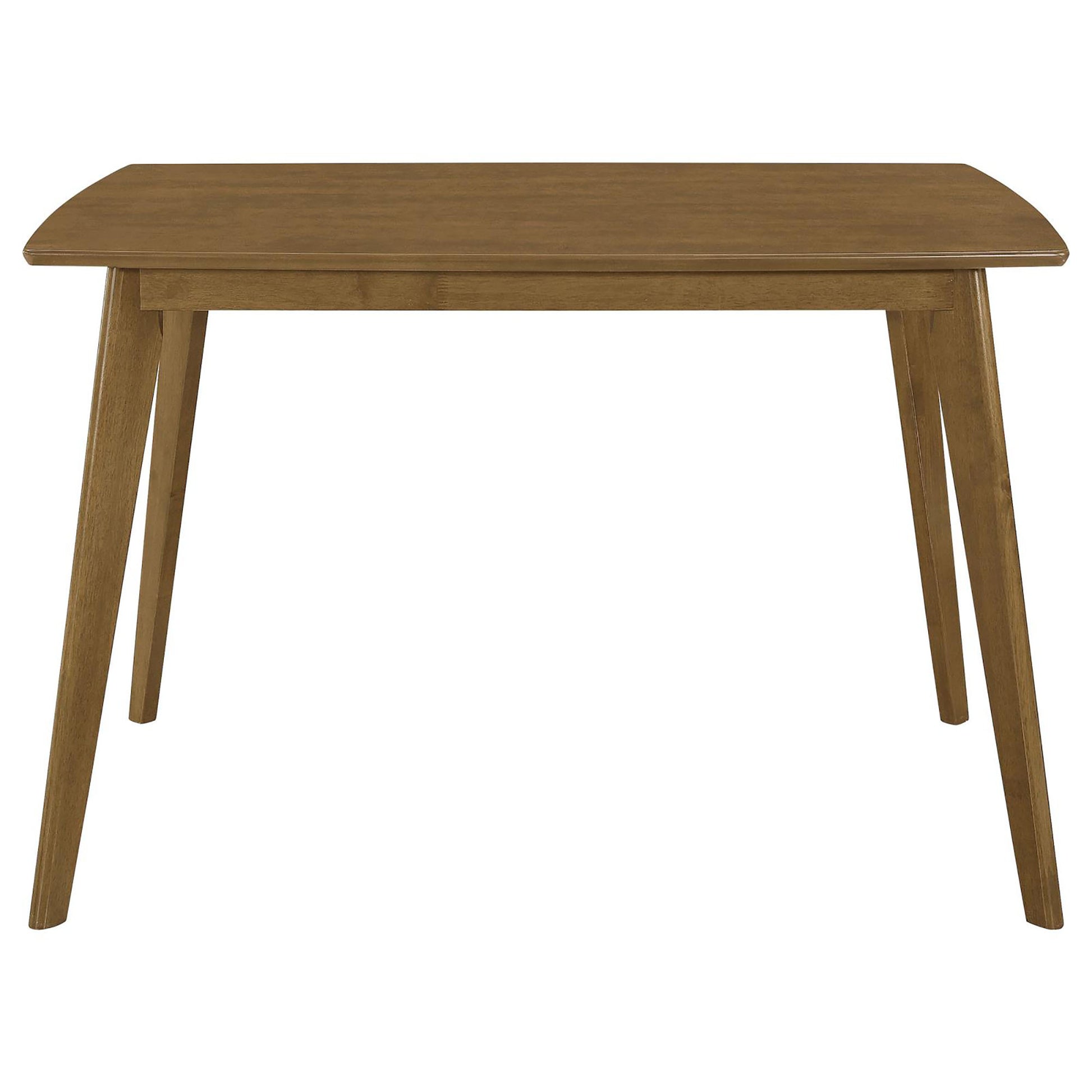 Midcentury modern dining table in warm walnut wood finish with tapered legs