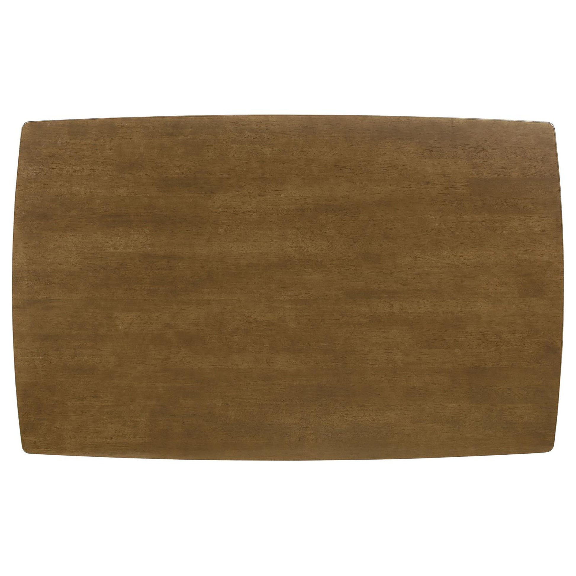Rectangular solid wood coffee table in a warm walnut finish with rounded corners