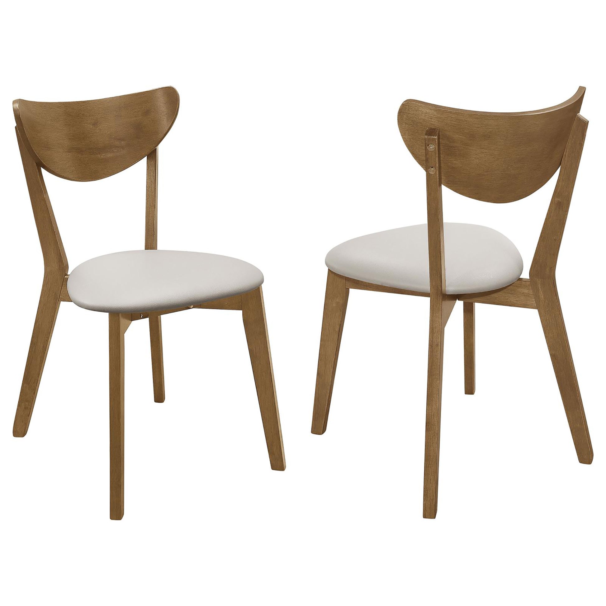 Midcentury modern dining chairs with curved wooden back and white seat