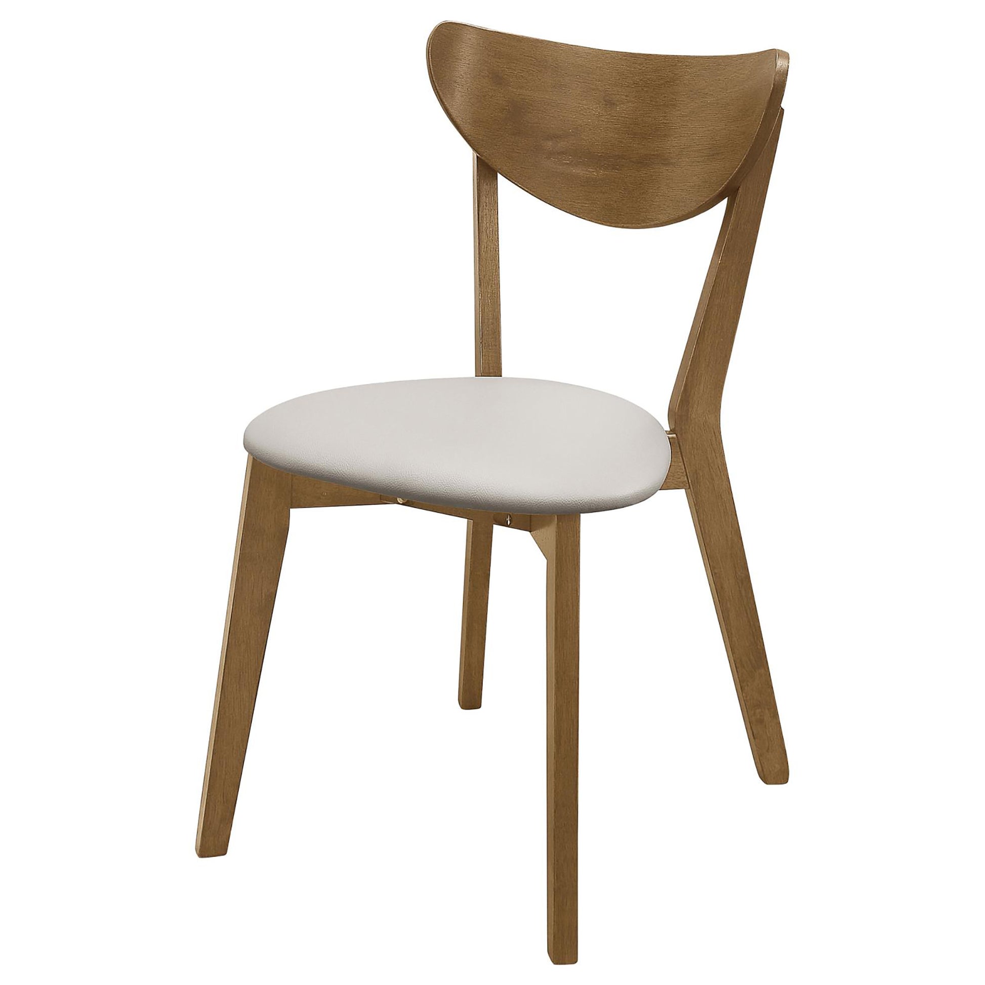 Midcentury modern wooden dining chair with a curved back and white upholstered seat