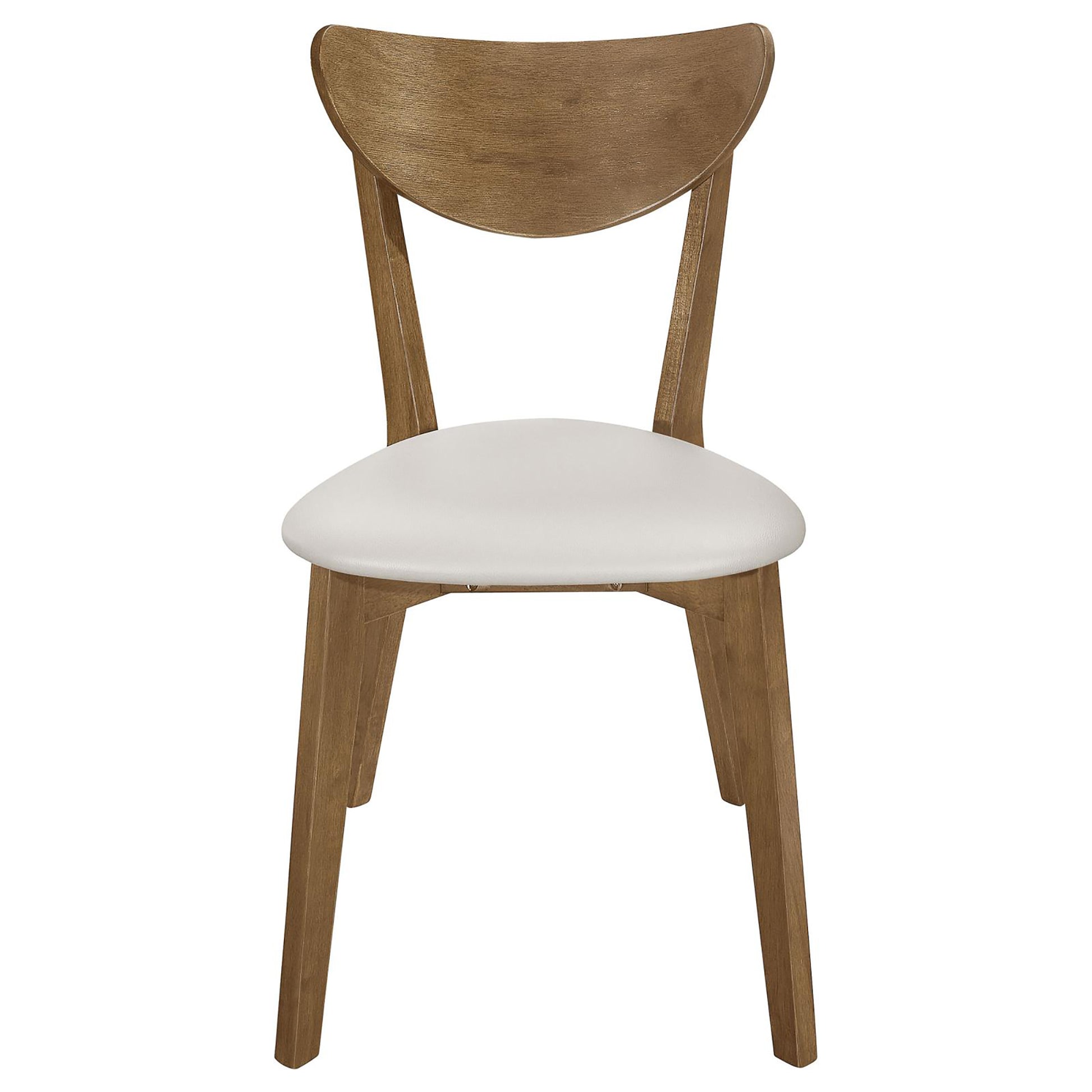 Modern dining chair with a curved wood backrest and white faux leather seat