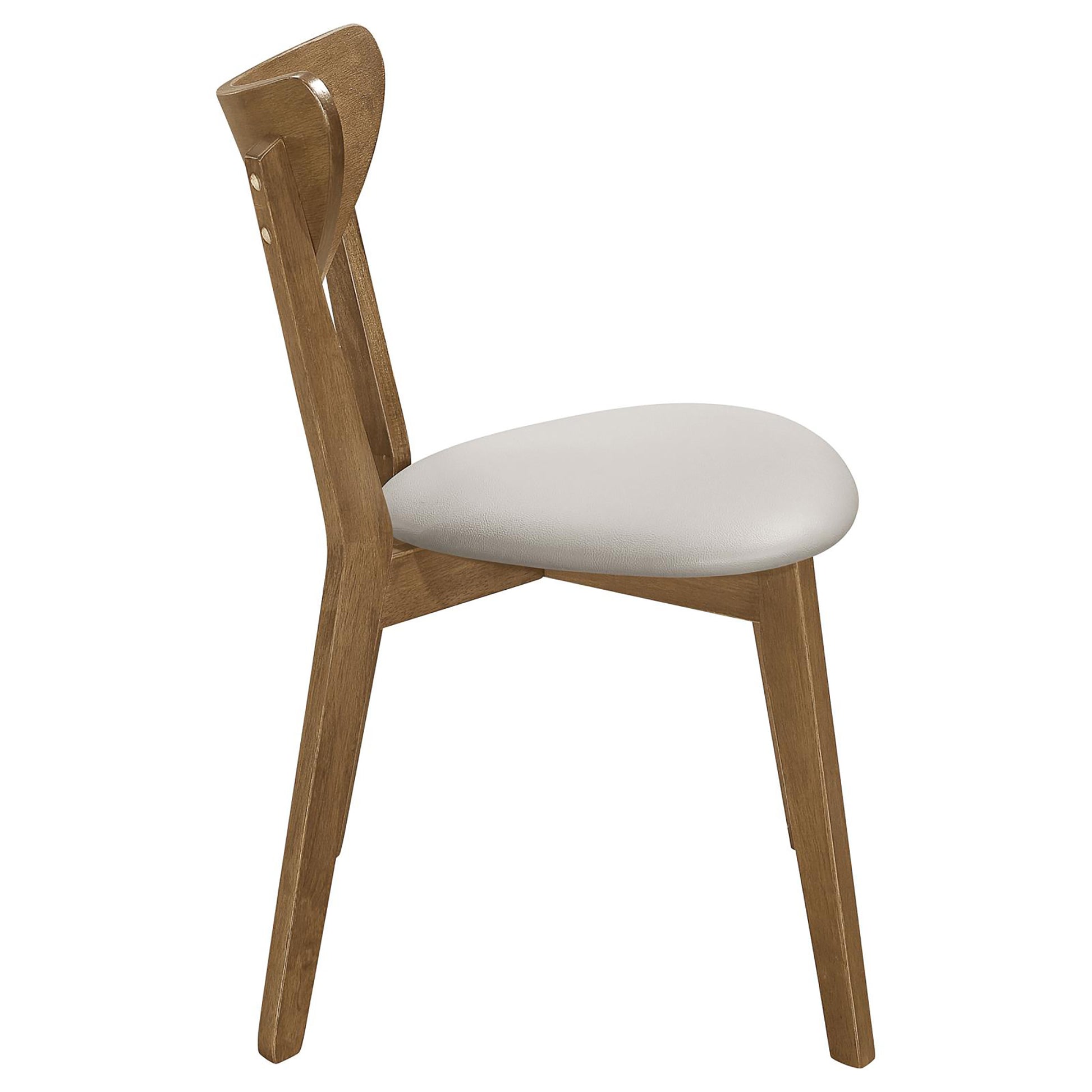 Modern dining chair with light grey vegan leather seat and warm wood frame
