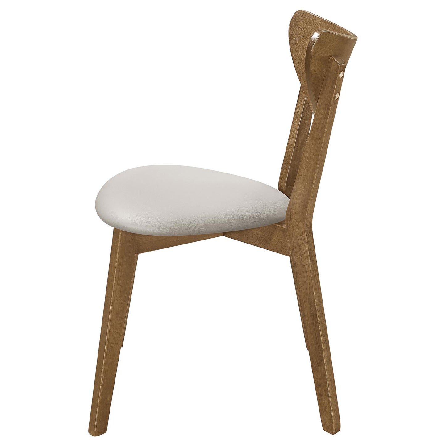 Midcentury modern wooden dining chair with a light grey upholstered seat
