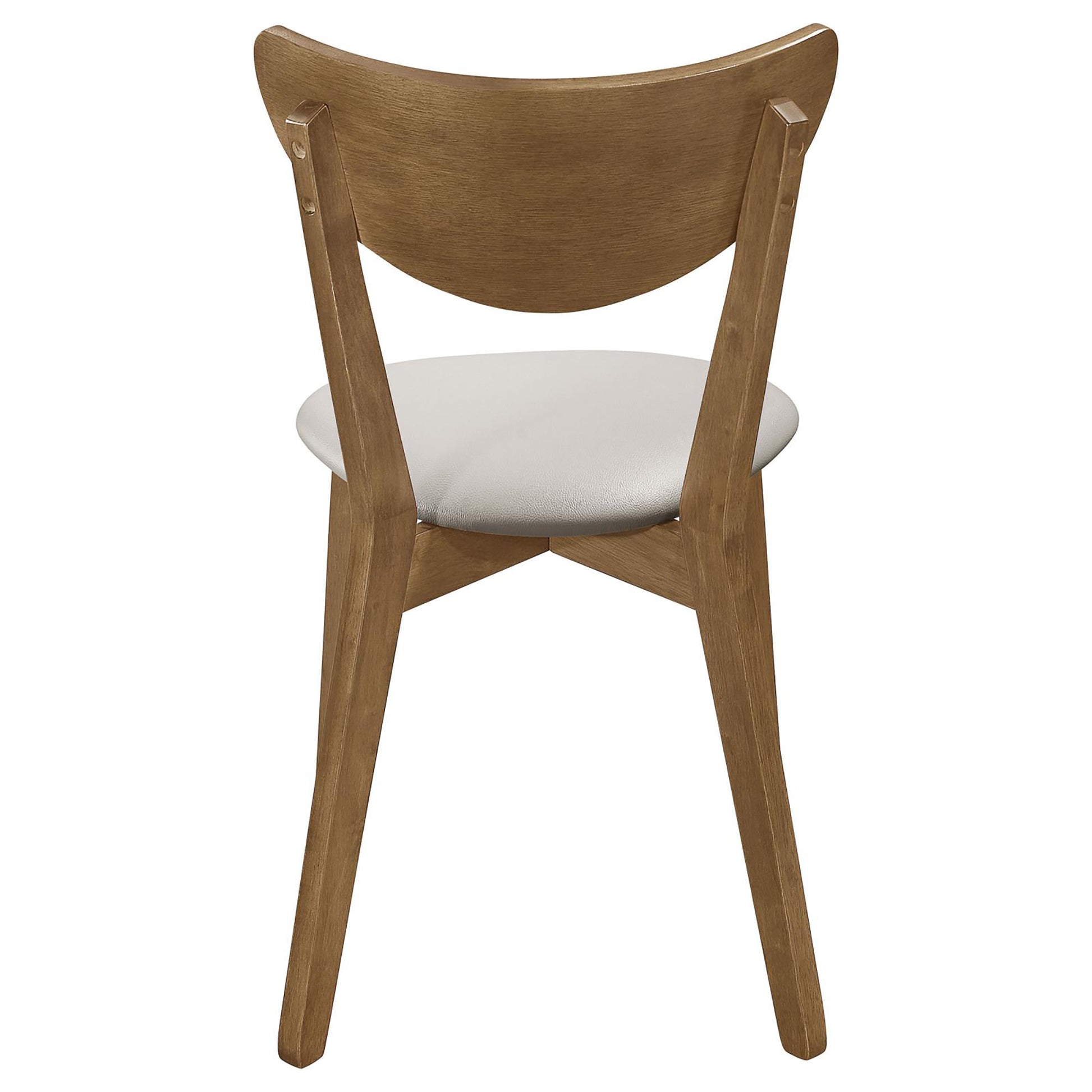 Wooden dining chair with a curved back and white faux leather seat