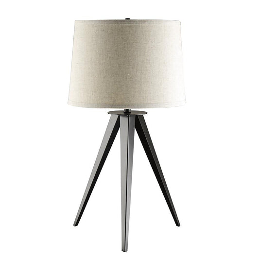 Modern tripod table lamp with a cream linen shade and matte black base
