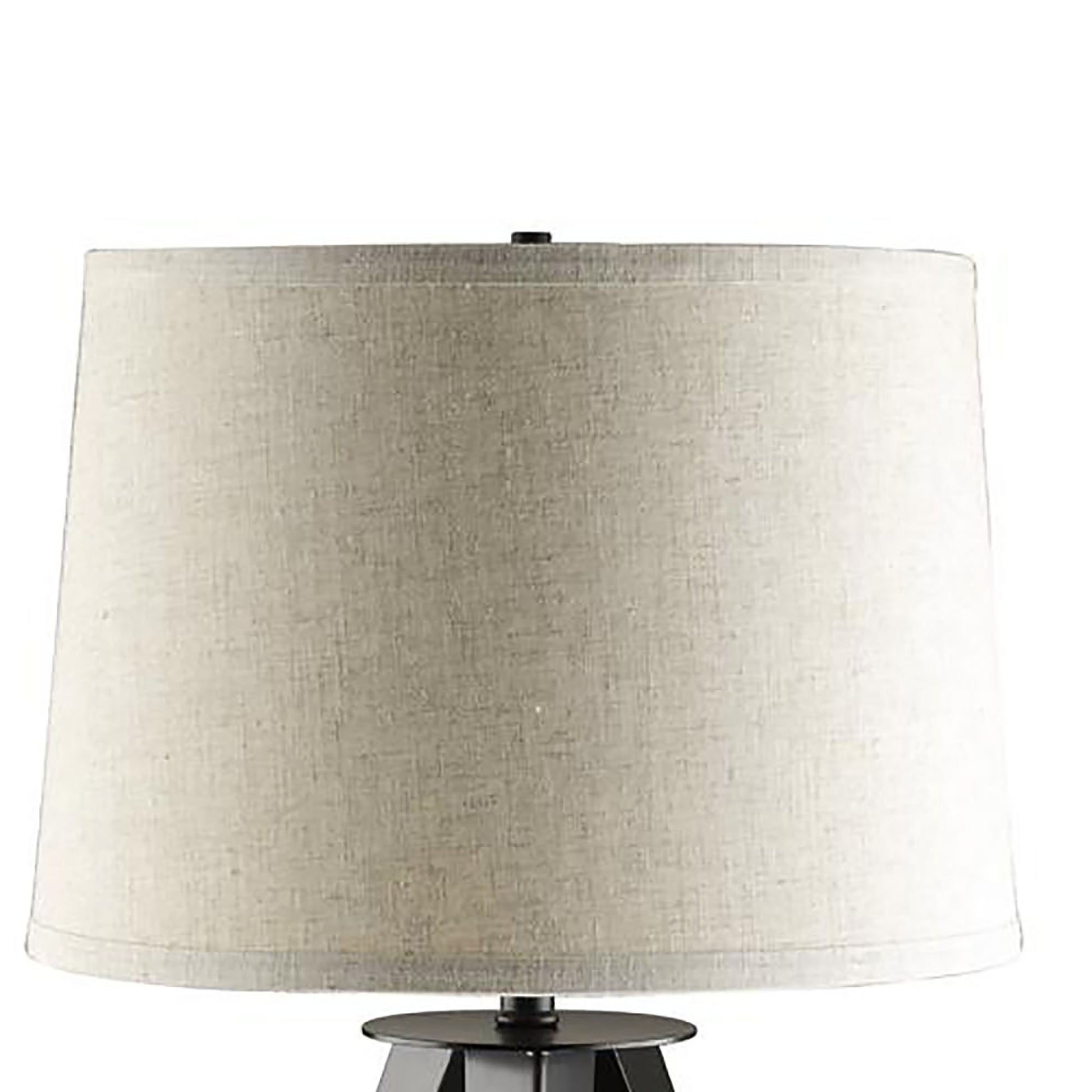 Textured beige drum lampshade with a black finial and base