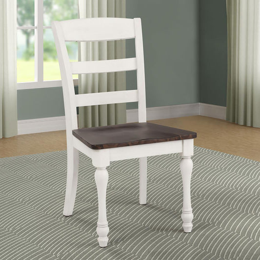 White farmhouse dining chair with dark wood seat and turned legs