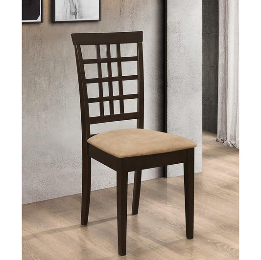 Dark brown wooden dining chair with a beige upholstered seat and a latticestyle back