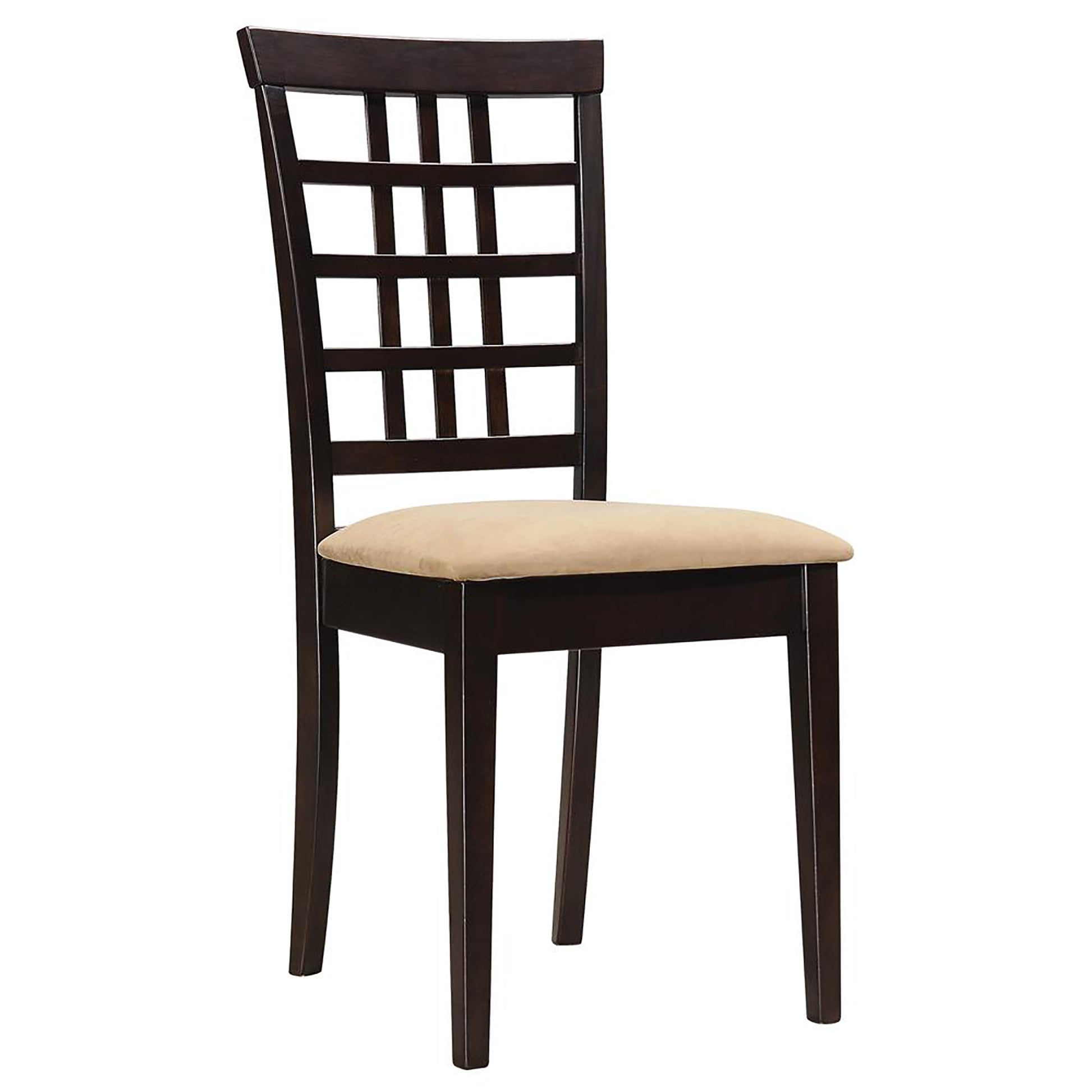 Dark brown wooden dining chair with a beige upholstered seat and slatted back