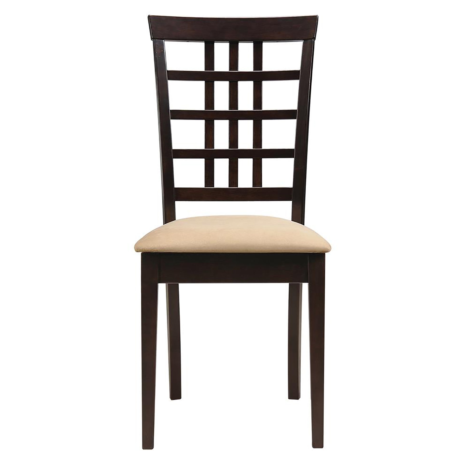 Dark wood dining chair with beige upholstered seat and geometric back