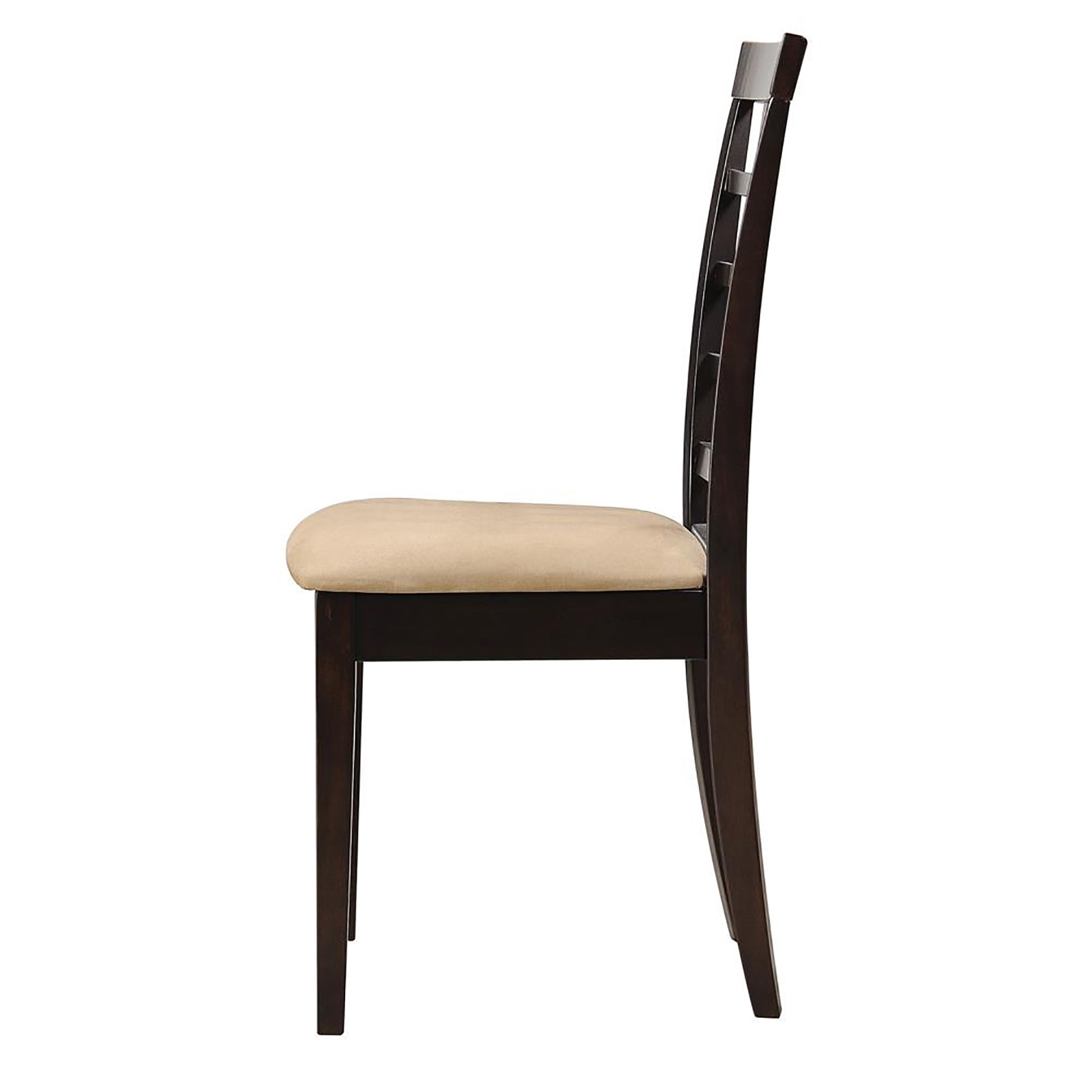 Dark wood dining chair with beige upholstered seat and open back