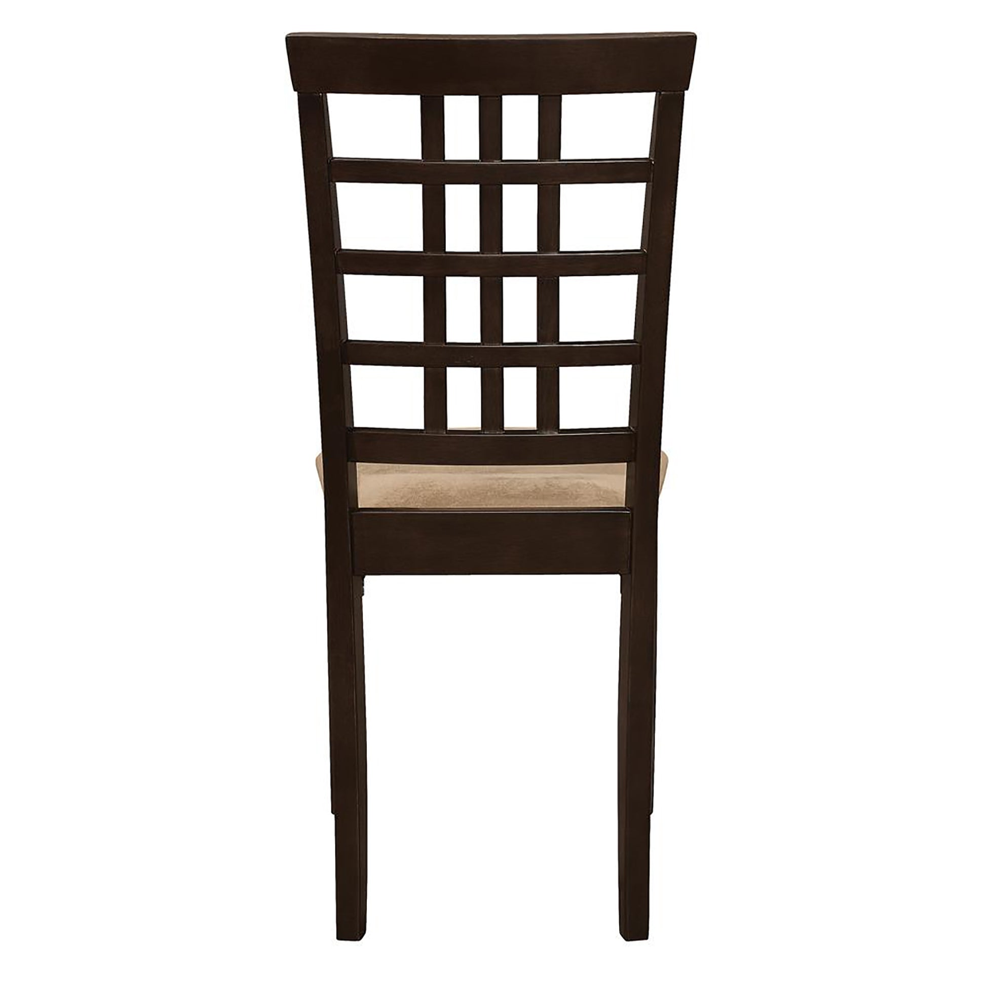 Dark brown wooden dining chair with a lattice backrest and tan seat