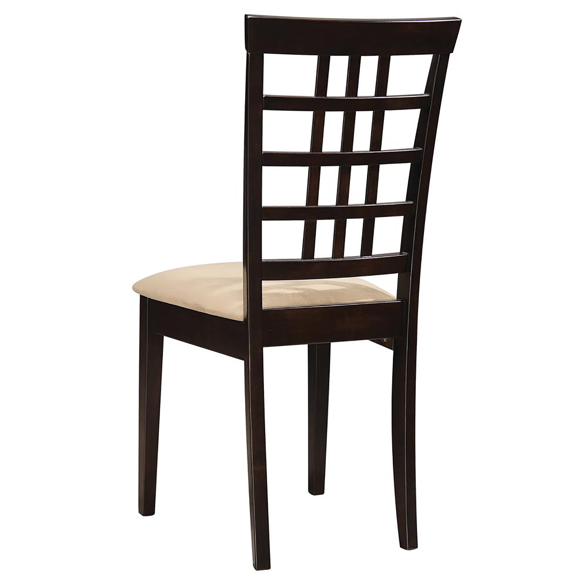 Dark wood dining chair with upholstered seat and lattice back