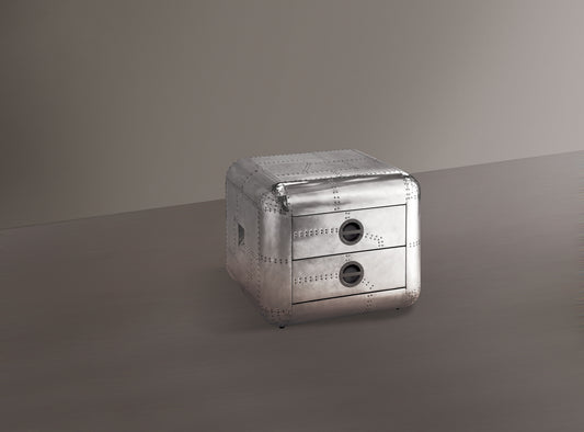 Riveted silver aviator style nightstand with two drawers and circular handles