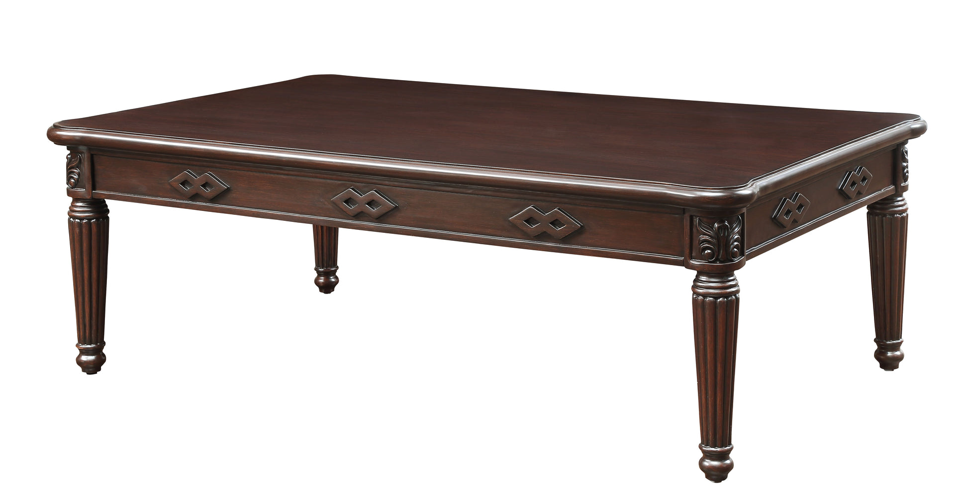 Dark wood coffee table with carved accents and fluted legs