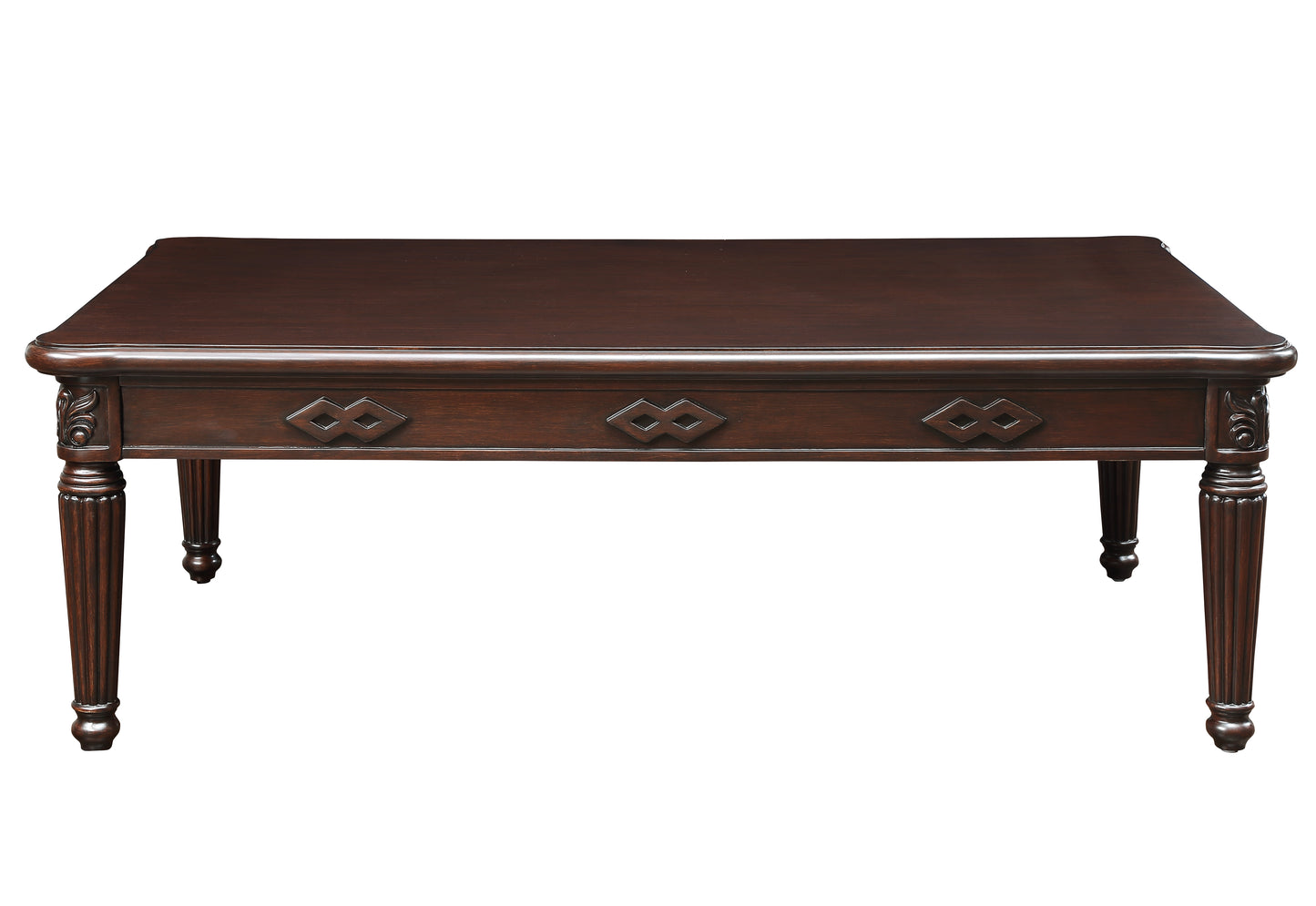 Dark cherry wood coffee table with ornate carved legs and diamond inlay design