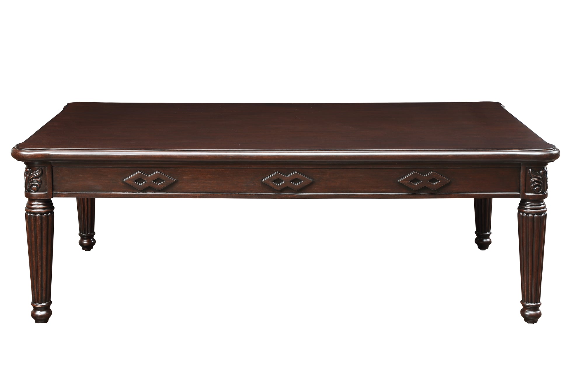 Dark cherry wood coffee table with ornate carved legs and diamond inlay design