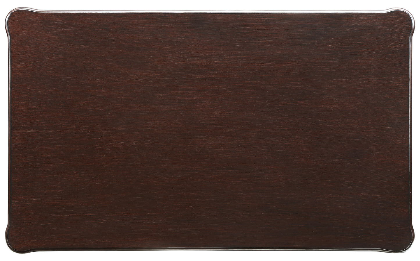 Dark mahogany wood table top with curved edges and metallic trim