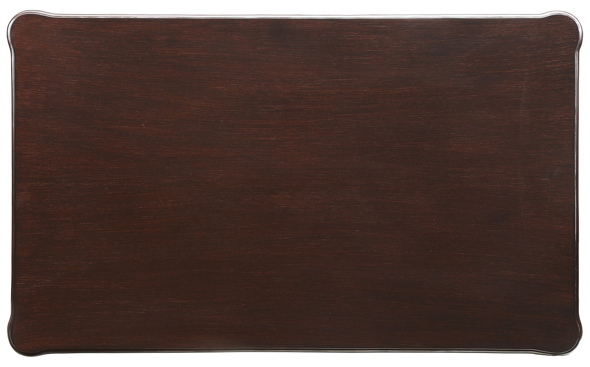 Dark mahogany wood table top with curved edges and metallic trim