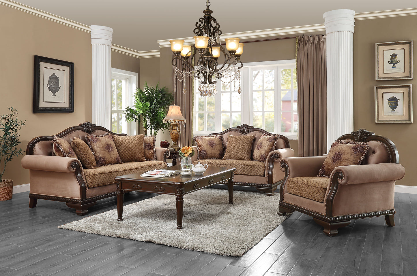 Elegant taupe upholstered sofa with ornate wooden trim and decorative pillows for living room