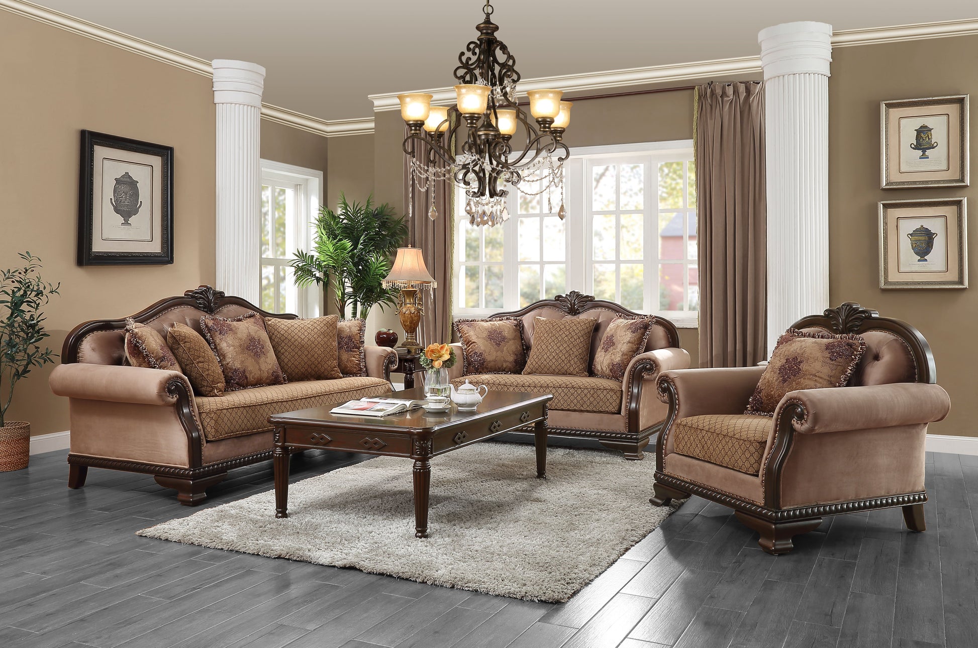 Elegant taupe upholstered sofa with ornate wooden trim and decorative pillows for living room