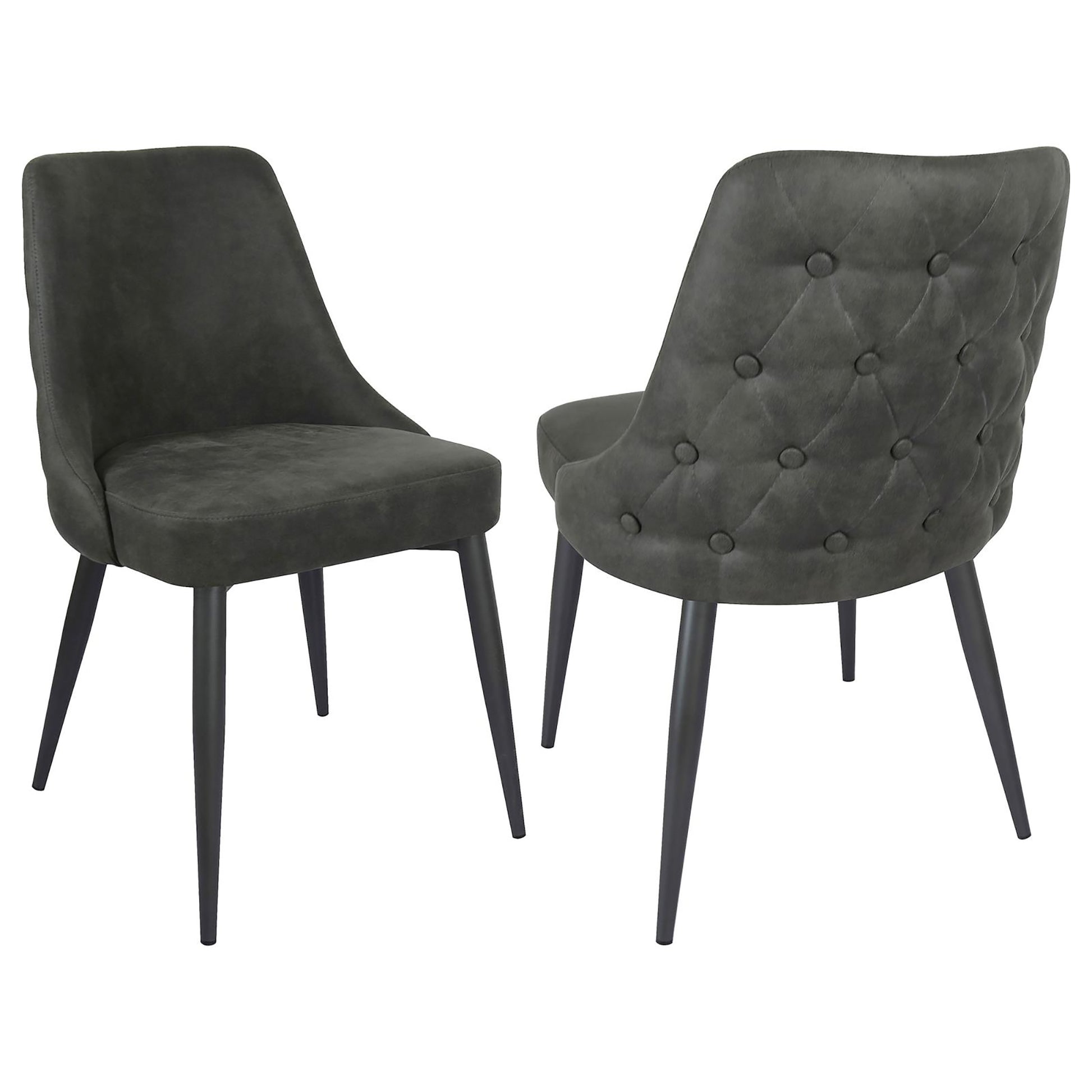 Dark grey tufted accent chair with black tapered legs ideal for dining rooms