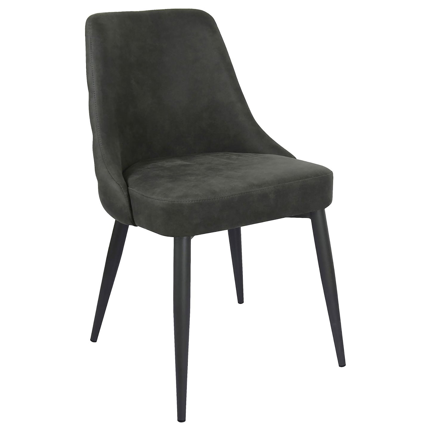 Dark gray upholstered dining chair with black metal legs