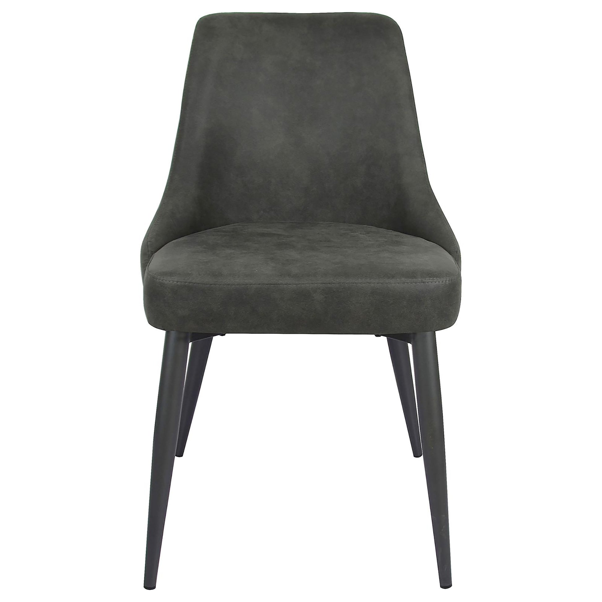 Modern grey upholstered dining chair with sleek black metal legs