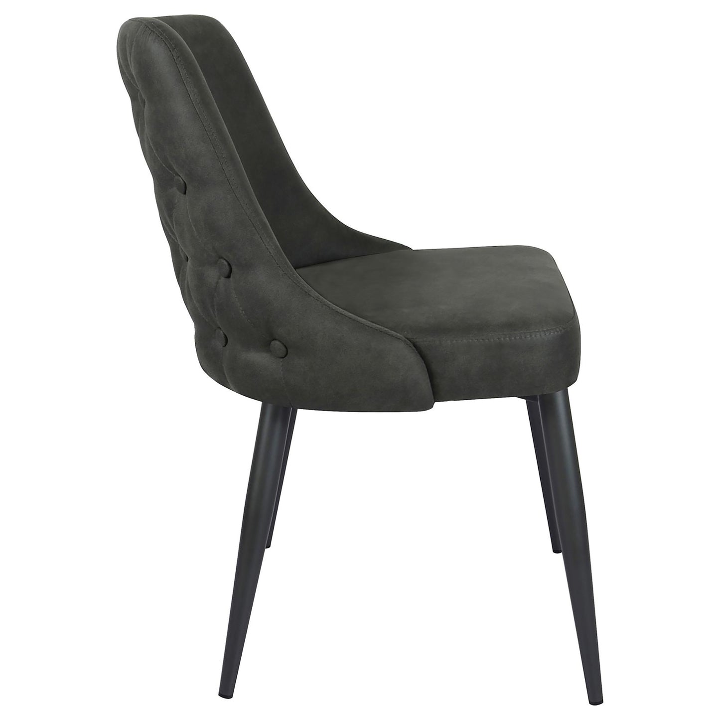 Dark gray tufted accent chair with sleek black metal legs