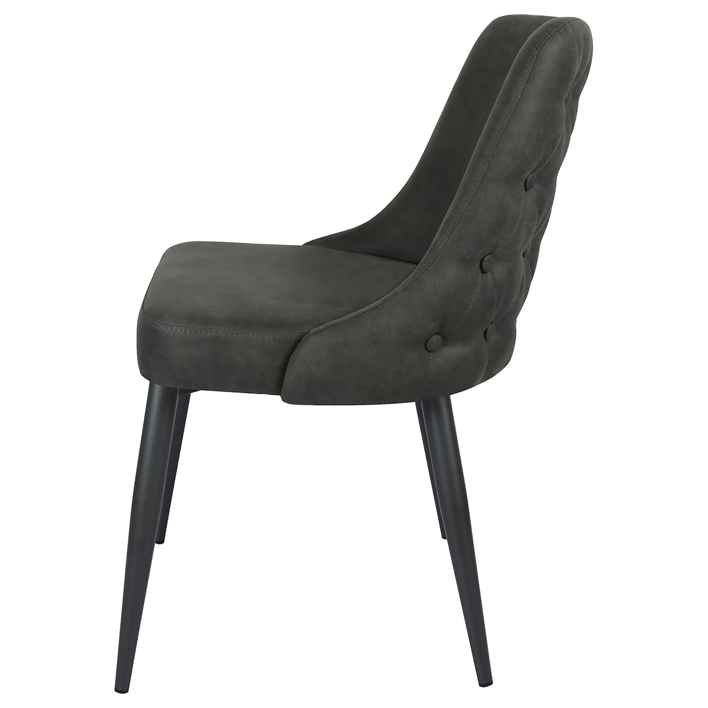 Dark grey velvet dining chair with tufted back and black metal legs