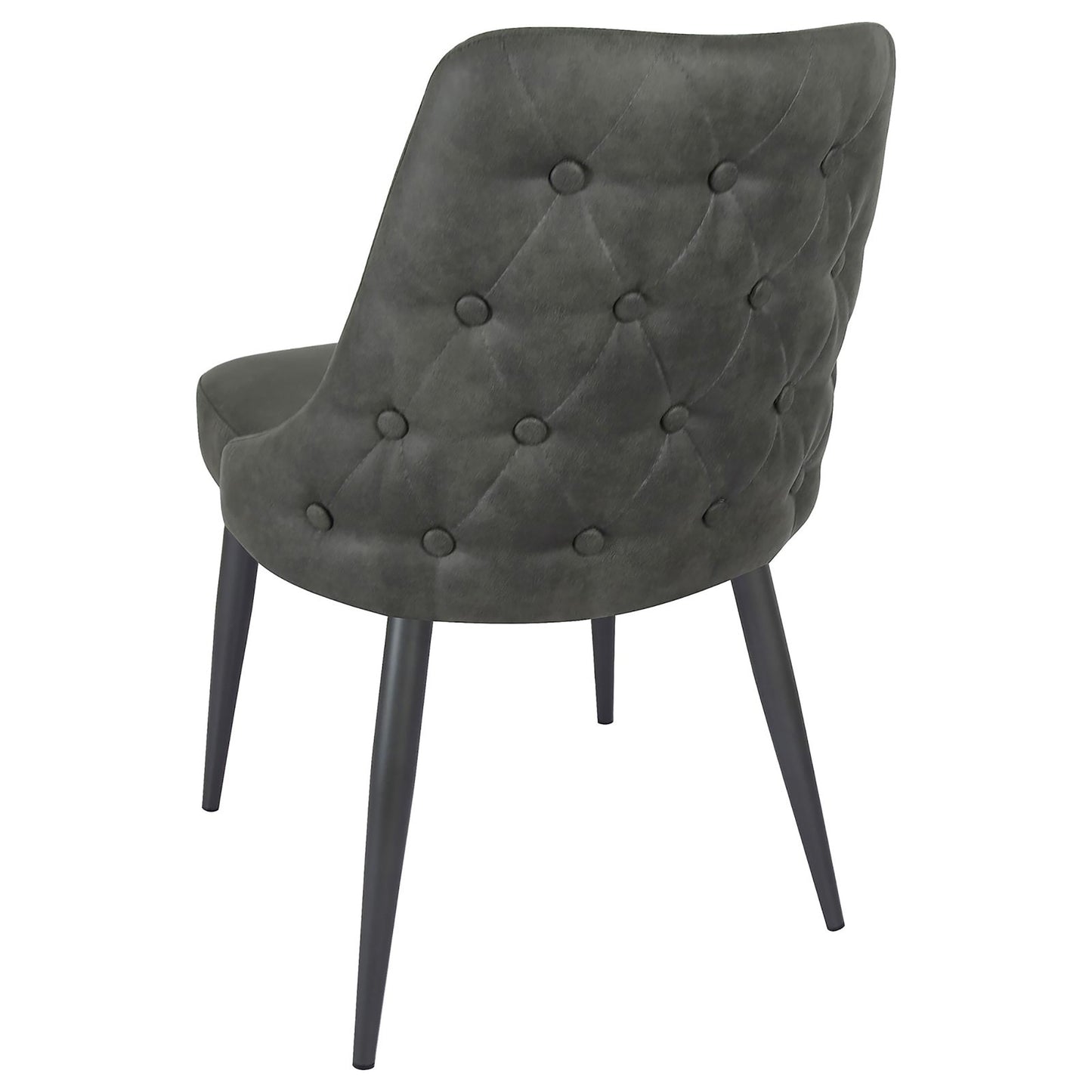 Dark grey upholstered dining chair with tufted back and black tapered legs