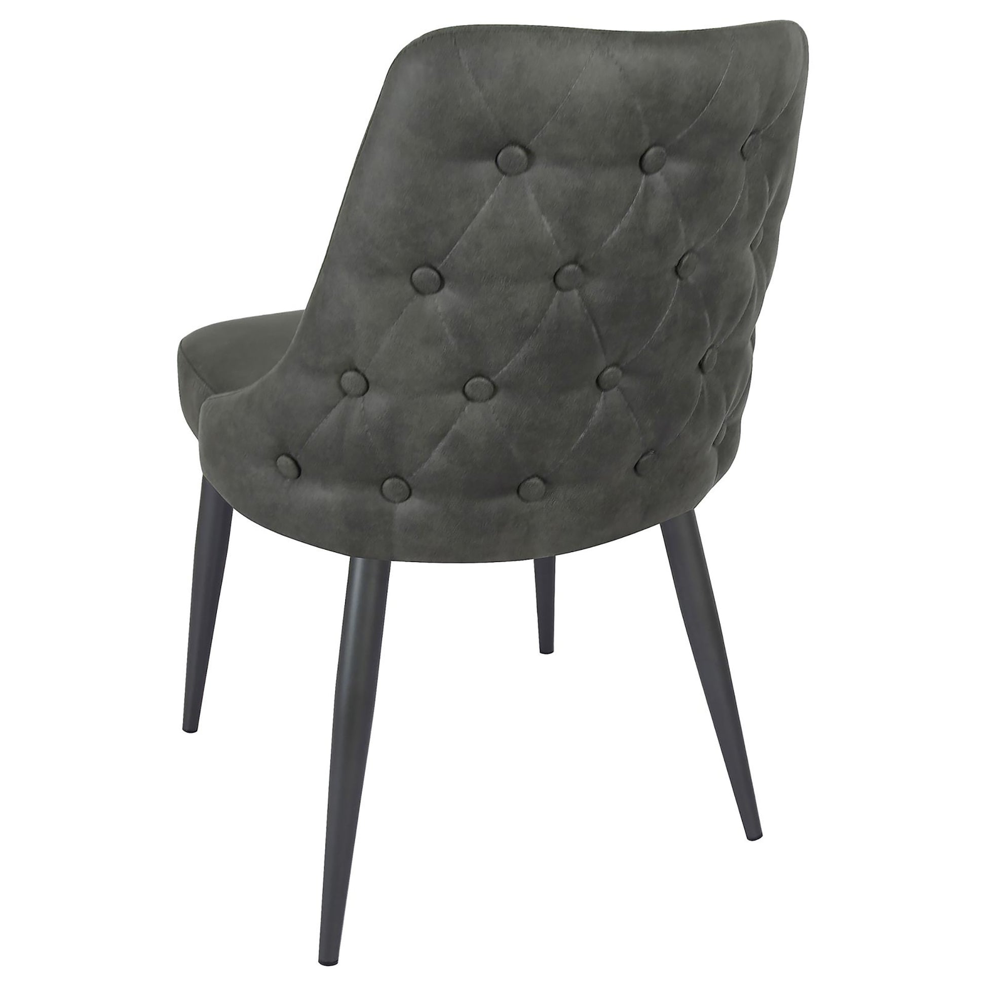 Dark grey upholstered dining chair with tufted back and black tapered legs