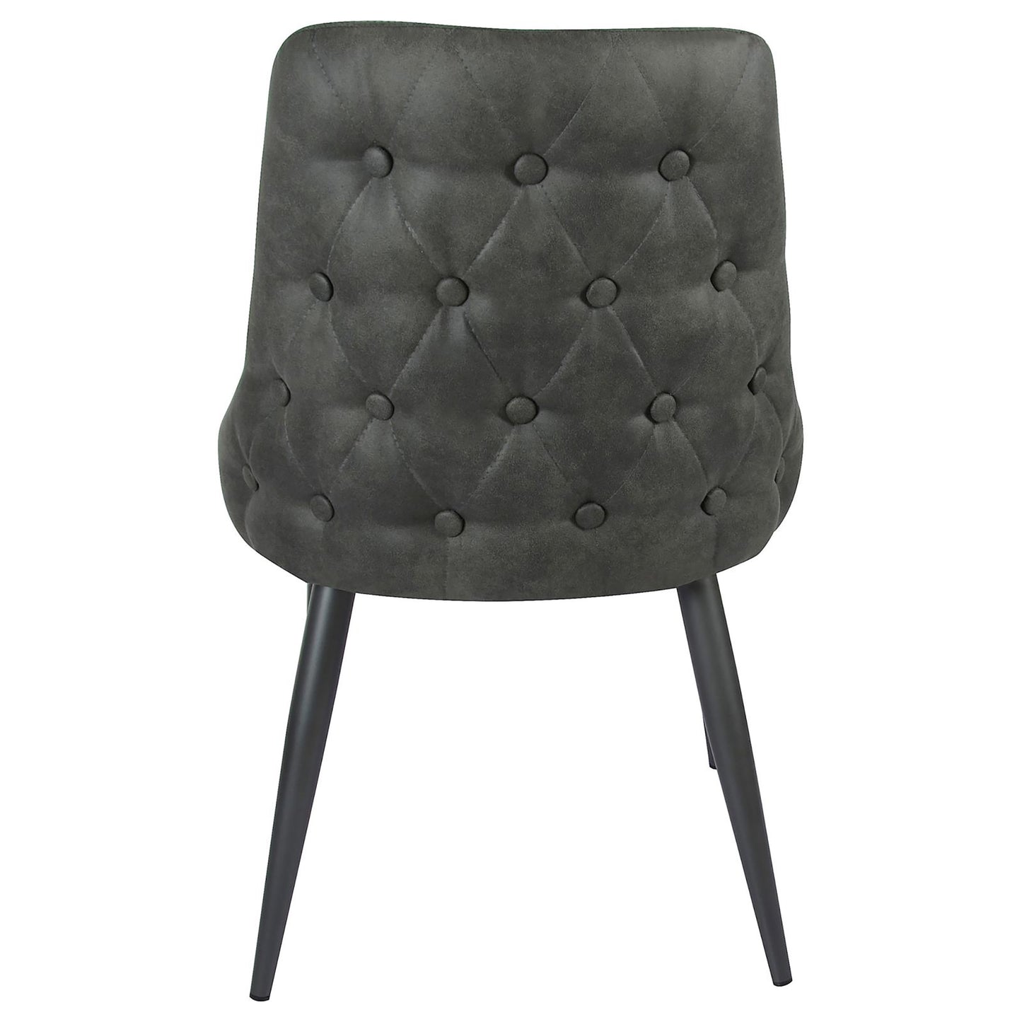 Dark gray upholstered dining chair with diamond tufting and black tapered legs