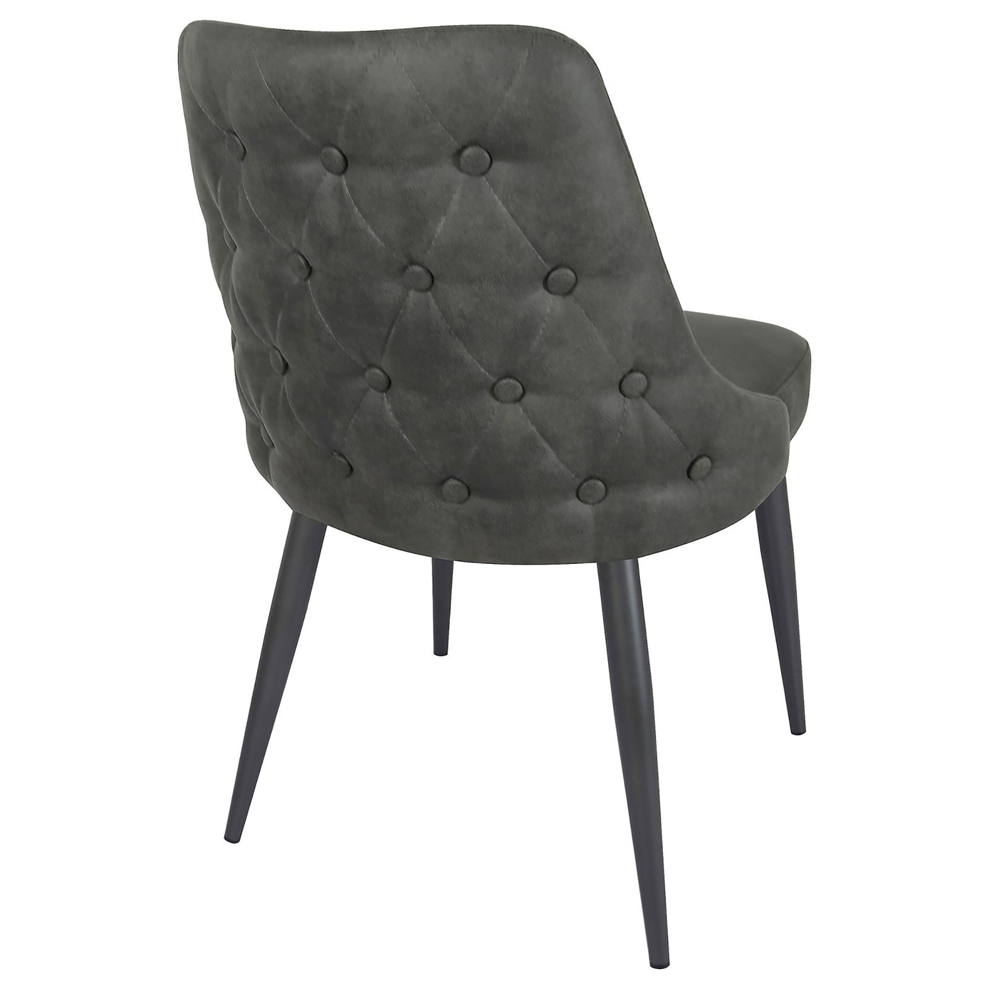 Dark grey velvet accent chair with diamond tufting and black metal legs
