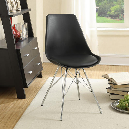 Black molded accent chair with chrome Eiffel legs perfect for modern dining rooms