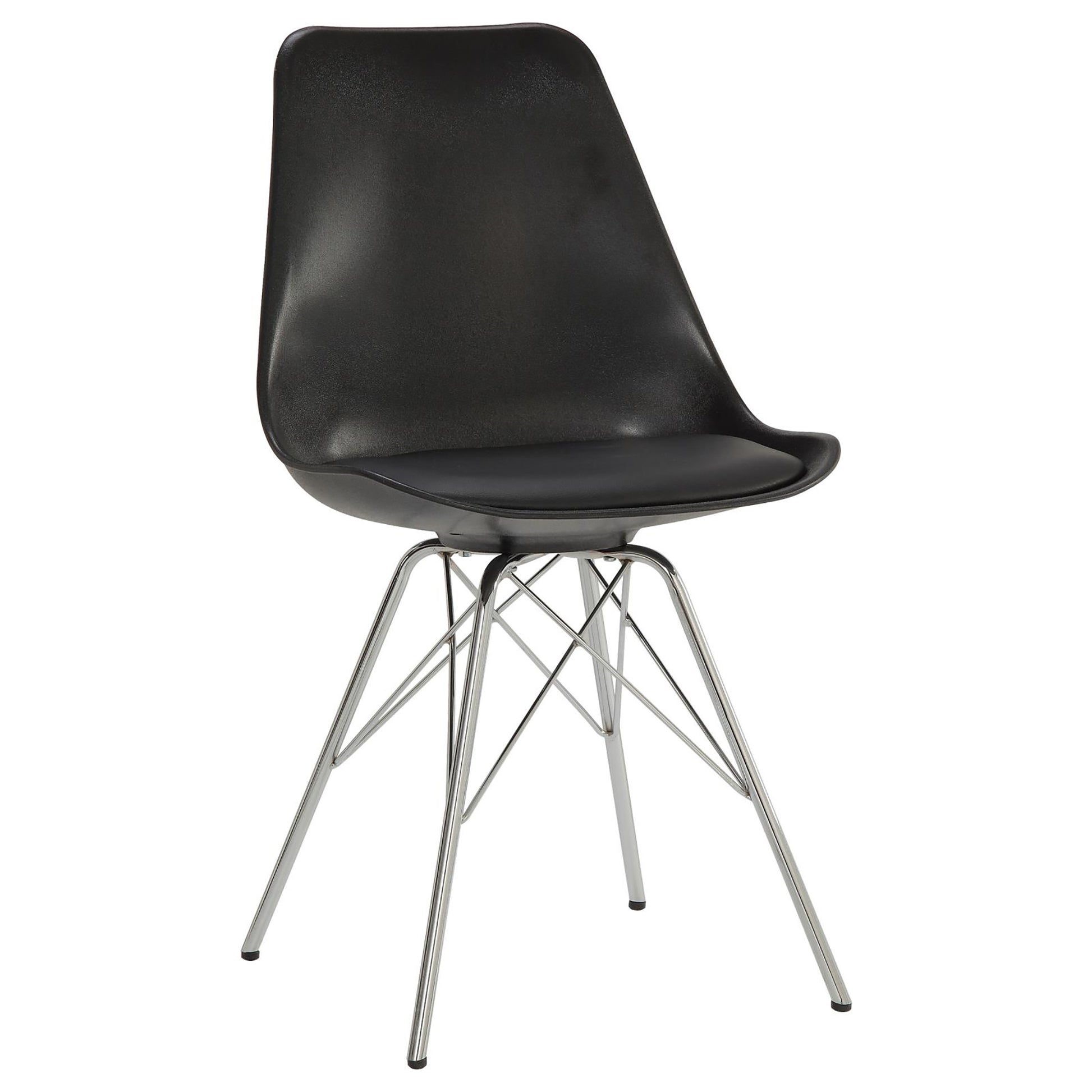 Black molded plastic dining chair with a chrome crisscross base