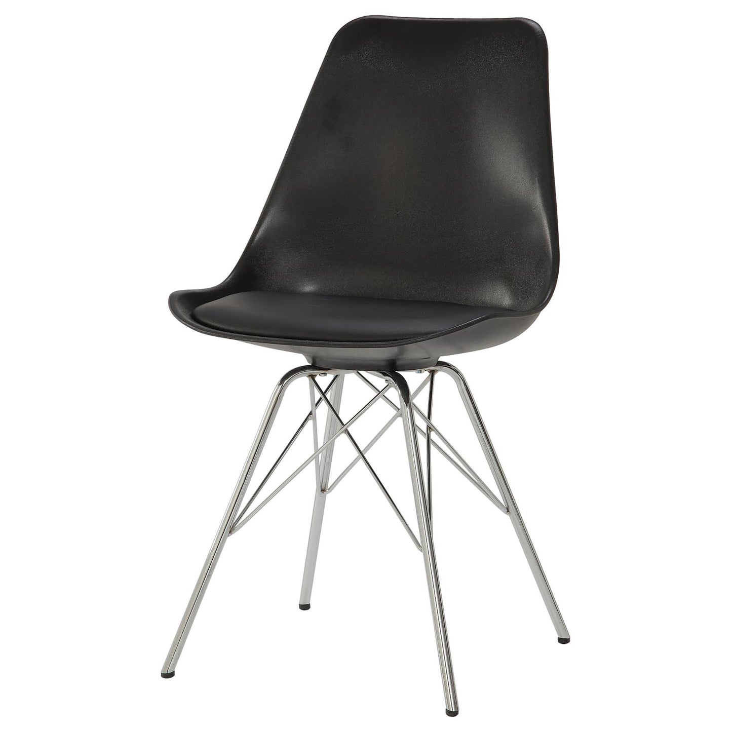 Black molded plastic dining chair with chrome spider legs and seat cushion