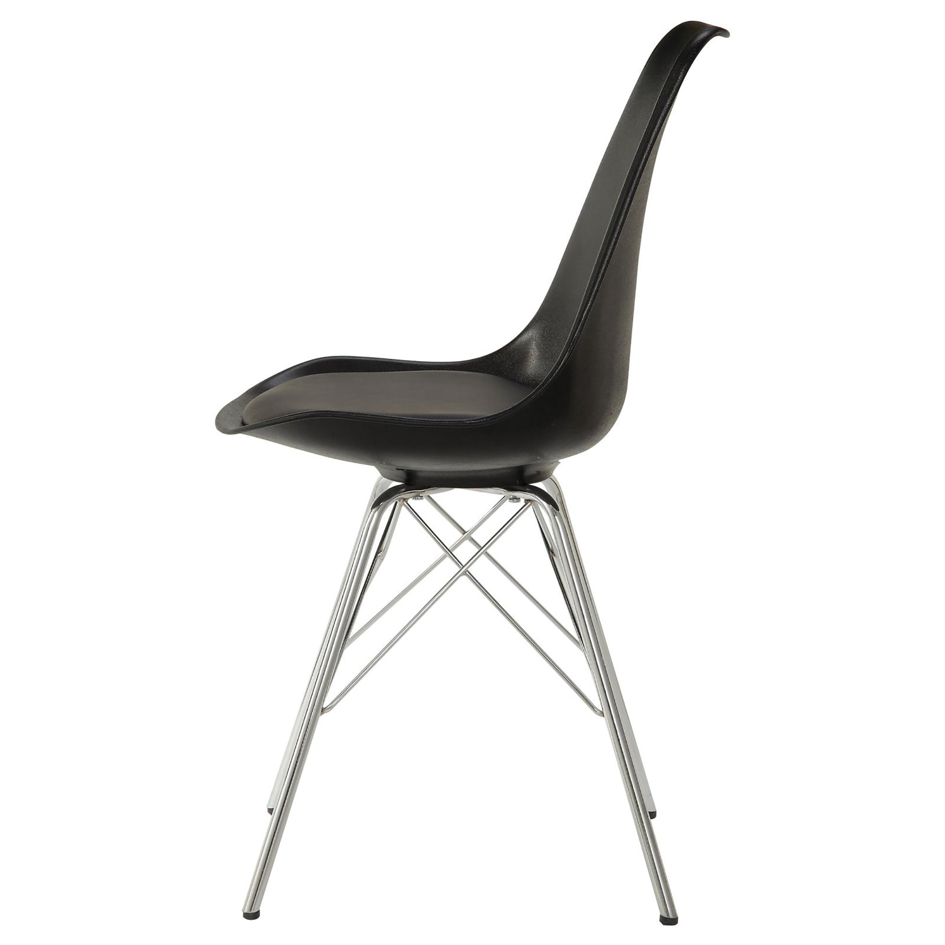 Black molded plastic dining chair with chrome wire base