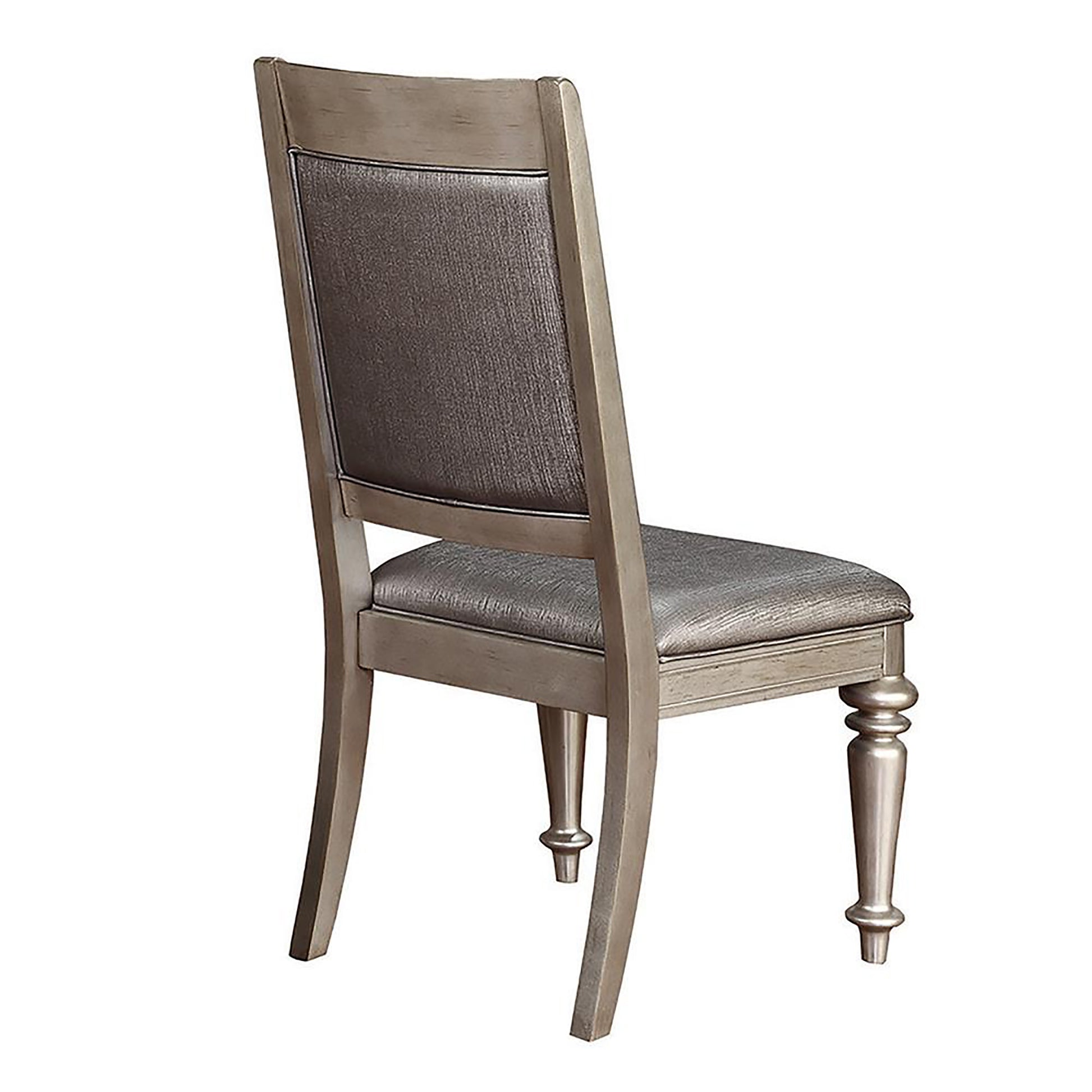 Distressed gray wooden dining chair with upholstered seat and back