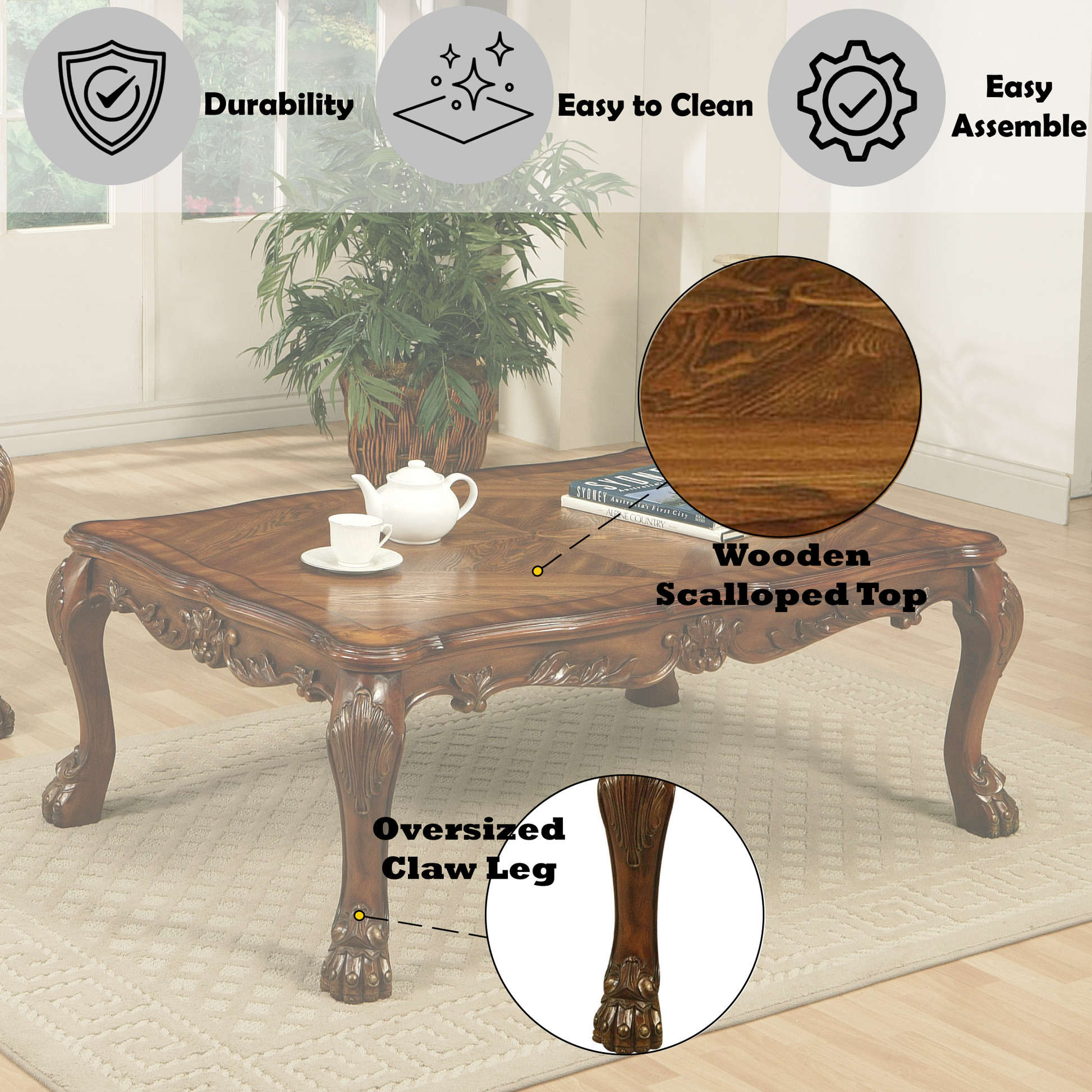 Ornate wooden coffee table with scalloped top and oversized claw legs perfect for living rooms