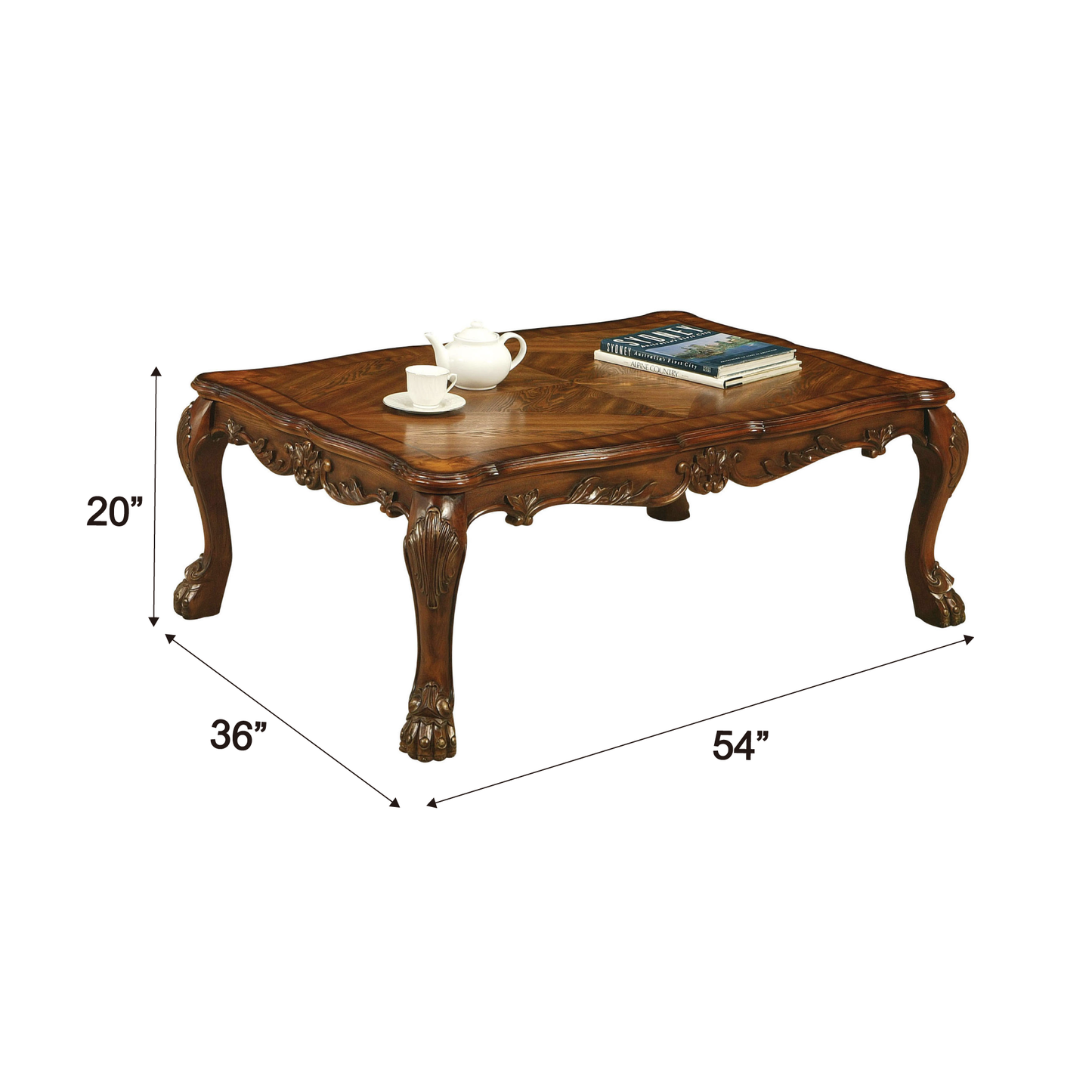 Ornate dark wood coffee table with carved legs and decorative inlay