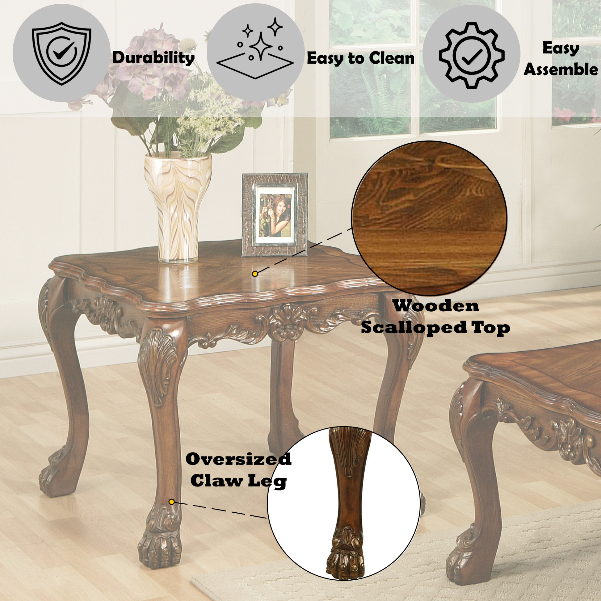 Antique side table with ornate carved claw legs and scalloped wooden top