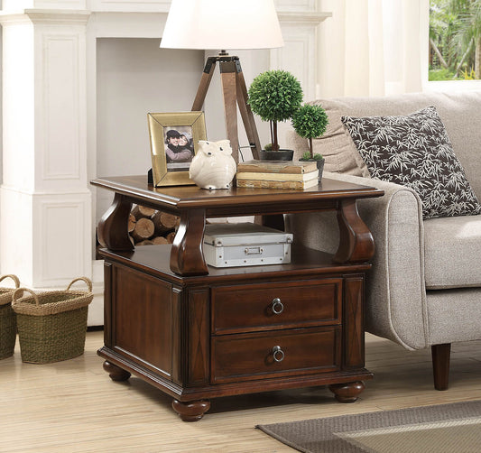 Ornate dark wood end table with two drawers and decorative carvings