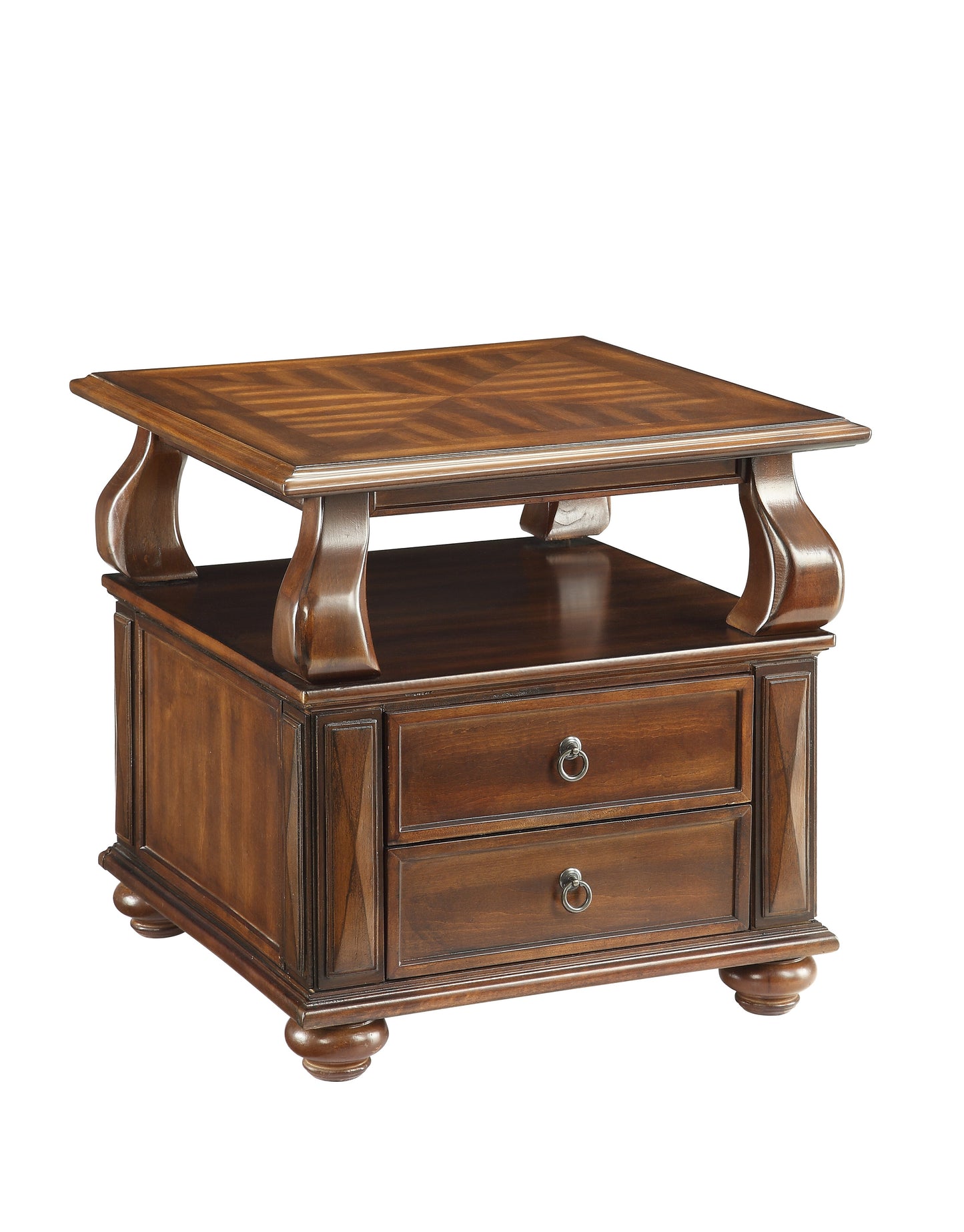 Dark wood end table with inlaid wood top and two drawers