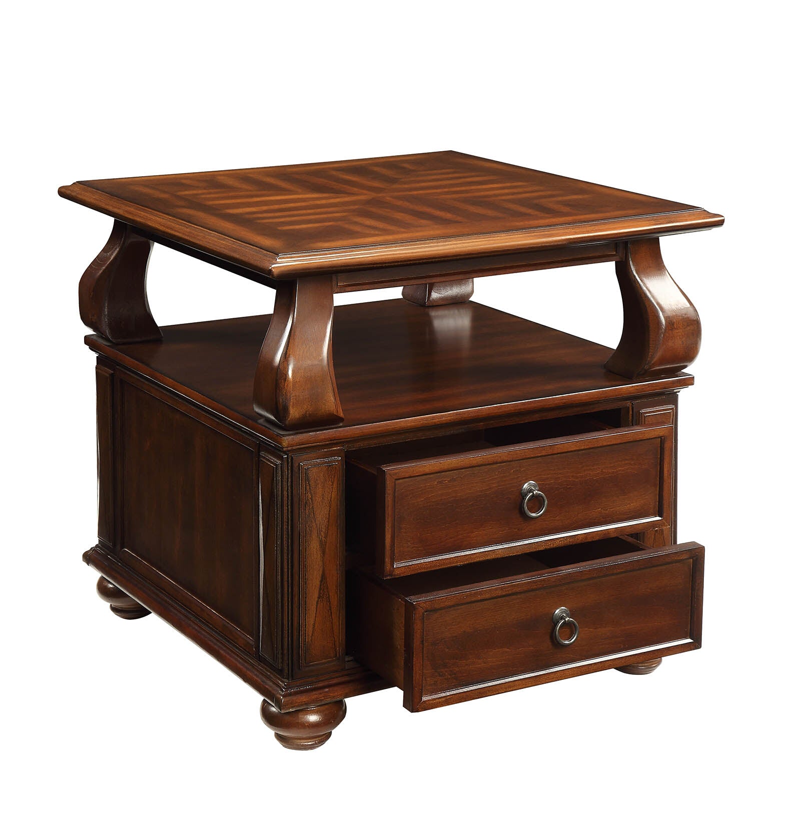 Rich mahogany end table with geometric inlaid top and two drawers