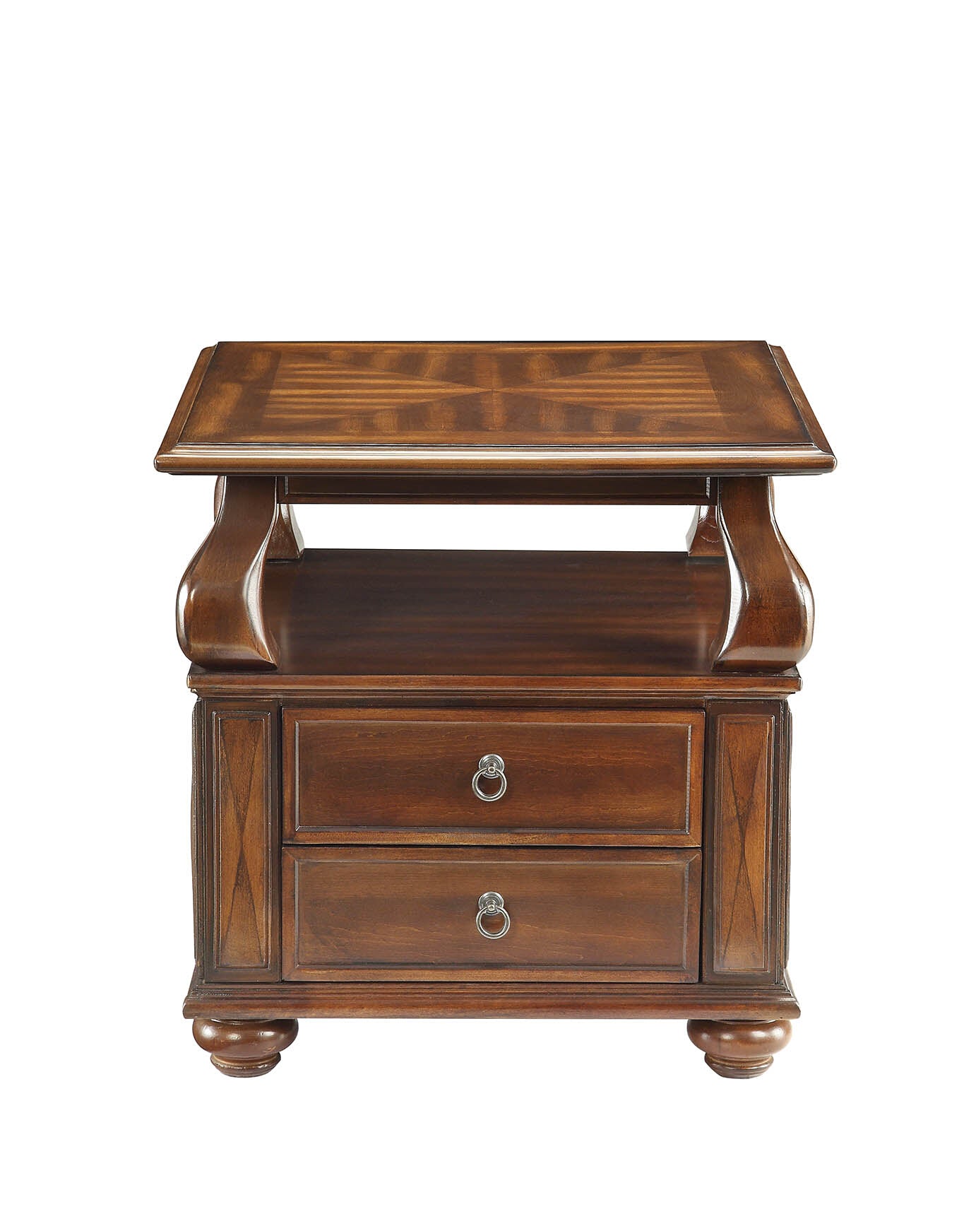 Ornate dark wood bedside table with two drawers and ring pulls