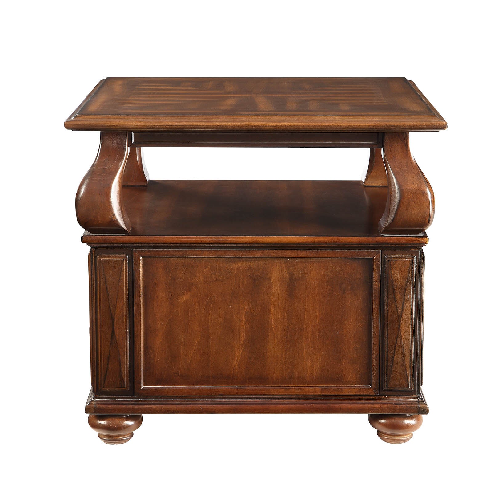 Ornate carved wood end table with detailed trim and dual shelves in a rich mahogany finish