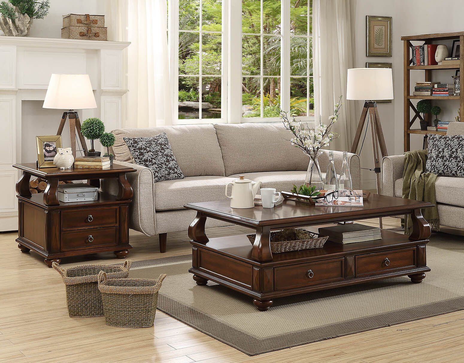 Dark wood coffee table with two drawers and a lower shelf complementing a living room setting