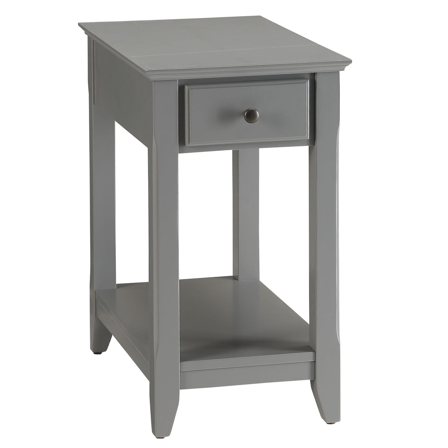 Grey end table with one drawer and open shelf