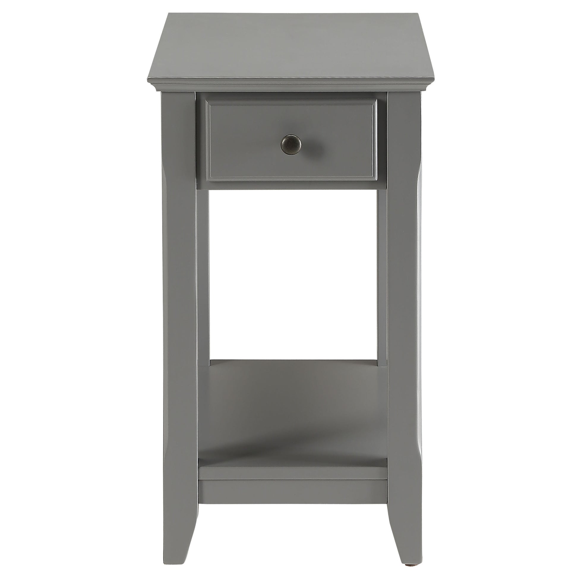Gray modern end table with one drawer and open shelf